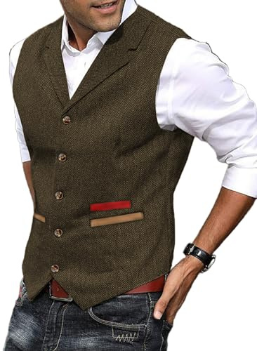 Yiaisafa formella herrvästar tweed västar ull retro fiskben vintage fodrad bröllop brudgum fodrad jakt S-3XL, Brun, XL