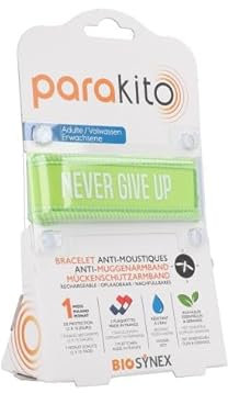 BIOSYNEX - PARAKITO - Bracelet Anti-Moustiques Rechargeable - 2 Recharges Incluses - 1 Mois d'Utilisation - Sans DEET - Motif Never Give Up Vert - Taille Adulte
