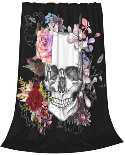 Newhomestyle Manta de calavera y flores, manta negra del Día de los Muertos para Halloween, ropa de cama ligera, mullida, acogedora, cálida, antibolitas, manta de forro polar suave para todas las