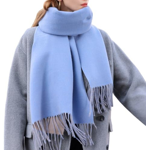 Enwokran Echarpe Femme Cachemire Hiver Réversible Pashmina Longues Grande Touché Soyeux Elégant Épais Chaude Écharpes avec Gland pour Mariage Party Soiree 200 * 66CM (Bleu ciel)
