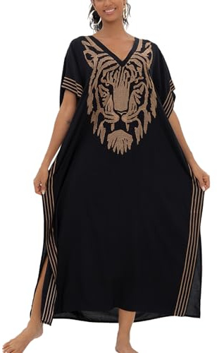 YouKD Broderad blommig rymlig kaftan boho strand bikini täcka upp klänning plusstorlek rock för kvinnor, Tsvart, en storlek