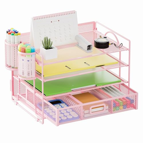 Marbrasse Vassoio Organizer da Scrivania,4-Livelli Porta Documenti Lettere,2 Porta Penne con Cassetto,Organizzatore da Scrivania in Rete Metallo per Forniture per Casa Ufficio(Rosa)