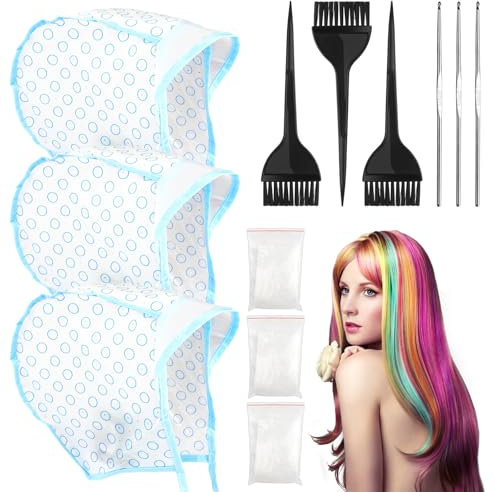 12er-Set zum Strähnchenfärben mit 3 Frosting-Kappen zum Strähnchenfärben,3 Strähnchen-Haarfärbekämmen, Einweghandschuhen/Ohrenschützern/Badekappen für Friseursalons, Frauen und Männer,Haare färben