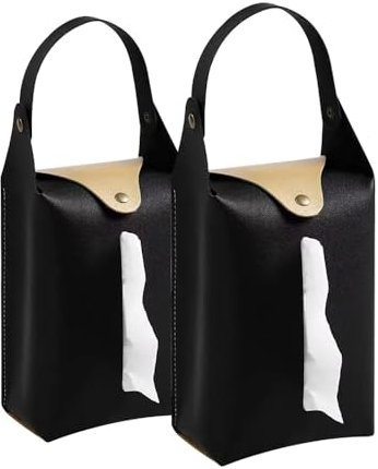ZVRUSA 2 Stück Taschentücher Box Hängende Schwarz Leder，Hangende Tissue Box，Nachfullbox für Papiertucher，Faltbare Taschentuchbox für Zuhause und Auto