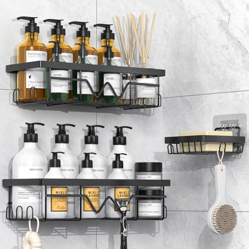 NOKITC Duschablage ohne Bohren - Duschregal ohne Bohren Duschkorb 3 Stück, Rostfrei Badezimmer Organizer Regal Shampoo Halterung für Dusche, Schwarz