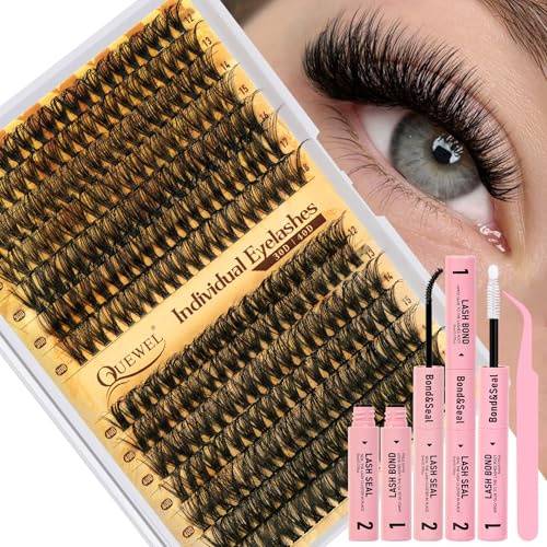 QUEWEL Wimpern-Extensions 30+40D Lash-Extension-Set gemischt 12-18mm Lash-Cluster mit wasserfester Wimpern-Cluster Kleber und Versiegelung Wimpernpinzette natürlicher Look zu Hause (30D+40D-Set)