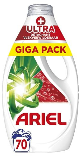Ariel +Ultra Détachant Lessive Liquide, 70 Lavages (3.15L), Élimine Même les Tâches Incrustées Depuis 7 Jours, Impeccable Même à Froid, Fabriqué en France