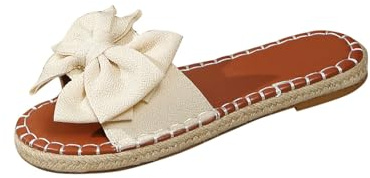 Women's Flat Slide Sandals with Bow Knot Ladies Open Toe Slip On Leather Slippers Fashion Dressy Sliders Wide Fit Summer Shoes for Indoor and Outdoor