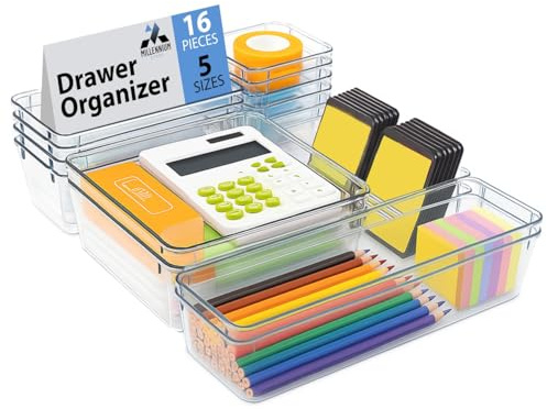 Millennium Store 16 Pack Clear Drawer Organiser Trays – Stackable Plastic Storage Boxes – Ideal for Kitchen, Office, Bathroom, Makeup organiser & Desk Drawer Organiser
