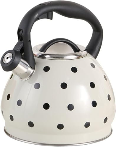 Bouilloire Polka Dot, théière de camping sifflante de 3 litres en acier inoxydable avec poignée résistante à la chaleur, ébullition rapide, compatible avec tous types de feux.(Blanc)