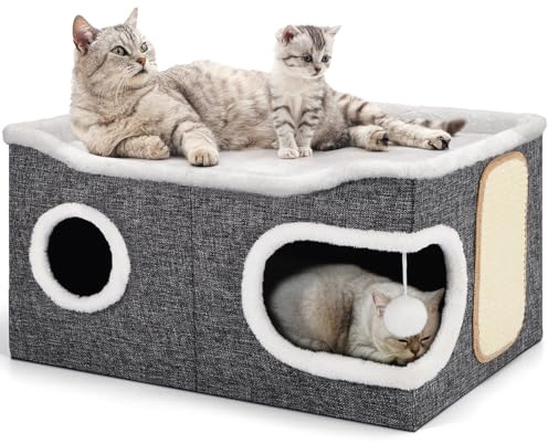 Shikha Cueva plegable para gatos, casa para gatos grandes, 61 x 45 x 32 cm, 2 capas, cueva XXL con tabla para rascar y pelota de juego, cueva para mascotas pequeñas y medianas