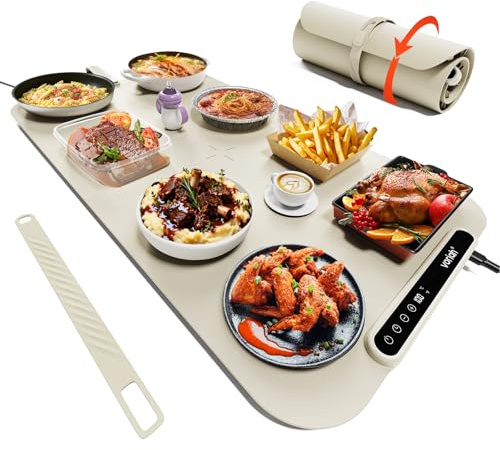 Voriah Warming Mat for Food,27.5x15.7 Large Electric Buffet Warming Tray, 7 Temp Levels, 99H Continuous Heat, ℉/℃ Switch, Patented Fast-Heat Design for Parties, Family Meals, Daily Use Apricot