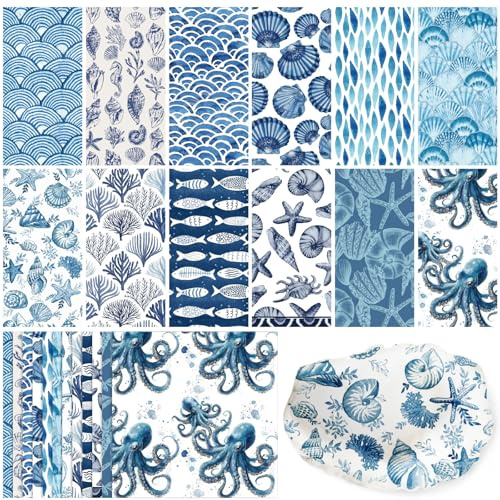 Glenmal 120 Pack Coastal Beach Blue Style Decoupage Paper Napkins, 12 Styles Decorative Cocktail Napkins for DIY Crafting Guest Tea Party Scrapbook Holiday Birthday Wedding Baby Shower, 13 Inch