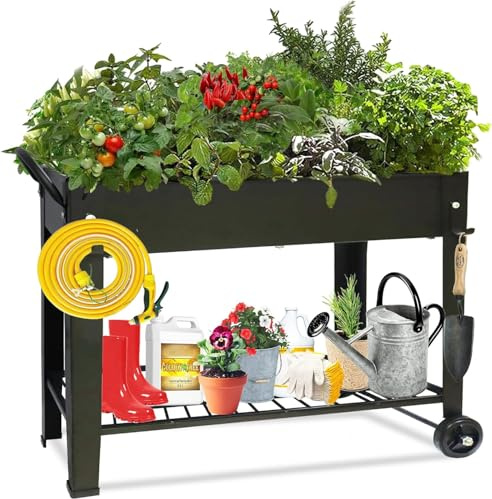 Raised Garden Bed, Outdoor Planter Box, Rectangle Planting Raised Bed | Metal Raised Bed with Legs and Storage Shelf, Elevated Planter Box for Growing Flowers and Vegetables, 101x 28x 80 cm, Black