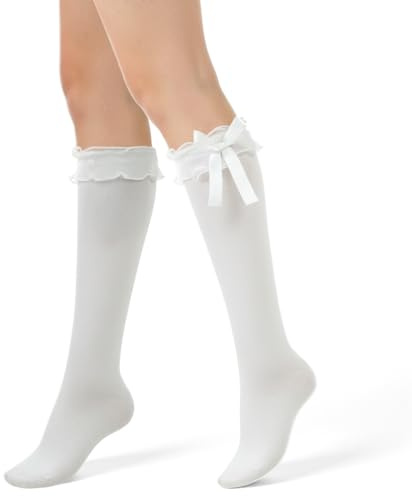 CIATBYYJ Calze al ginocchio da donna bianche Lolita con pizzo, calze bianche sopra il ginocchio, calze a volant, calze lunghe in pizzo, traspiranti, da principessa Loli