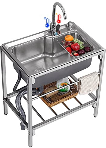 Fregadero Exterior de Acero Inoxidable de un Seno 71x45x85cm con Grifo Frío-Caliente y Estante de Almacenamiento - Diseño para Uso Comercial o Doméstico en Patio o Jardín