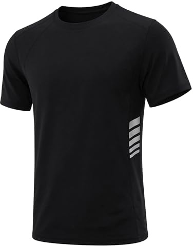 Quoboquo Sport T-Shirt Herren UV Schutz Kurzarm Atmungsaktiv Funktionsshirt Laufshirt Gym Fitness Wandershirt mit Reflektoren Schwarz M