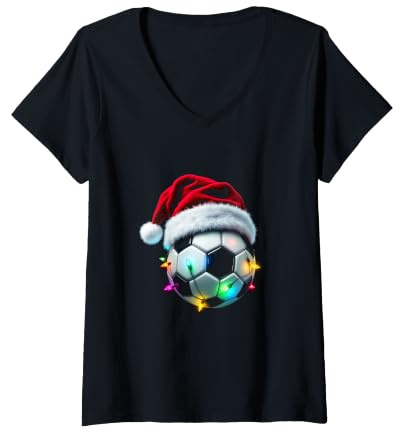 Femme Ballon de Football Festif avec Bonnet de Père Noël et lumières T-Shirt avec Col en V