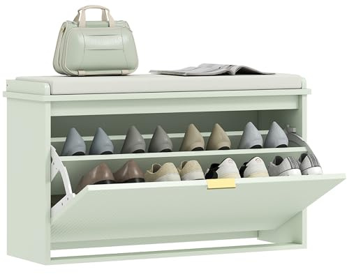 HOMCOM Banco Zapatero Estrecho, Banco Recibidor con Asiento Acolchado, Cajón Abatible y Estante Ajustable, para 8 Pares de Zapatos, para Entrada, Dormitorio, 80x26x47,5 cm, Verde Claro