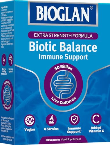 Bioglan Biotic Balance 50 Billion CFU, with Vitamin C for Digestive Health and Immune Support, Super Strength, 4 live strains, fridge free, one month supply - 30 capsules, 1-pack