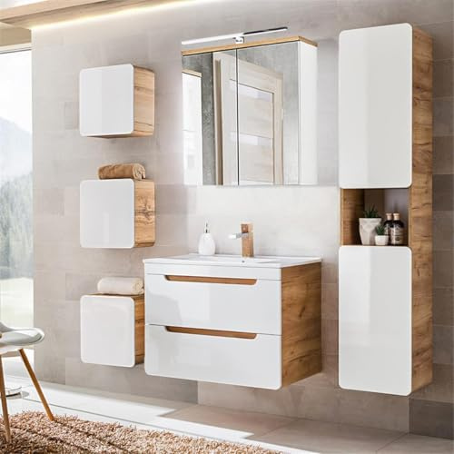 Lomadox Badmöbel Komplett Set, Hochglanz weiß mit Wotan Eiche Nb., 81 cm Keramik-Waschtisch, LED-Spiegelschrank, Hochschrank und 3 Hängeschränke