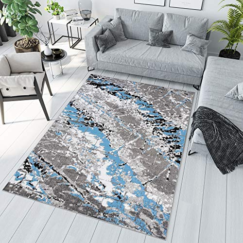 TAPISO Maya Teppich Kurzflor Blau Grau Creme Meliert Streifen 120 x 170 cm