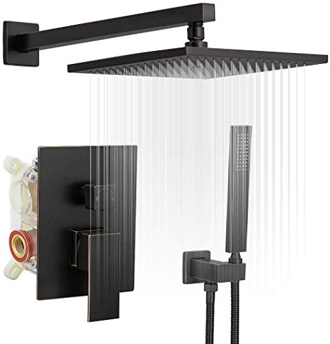 Homevacious Shower System Oil Rubbed Bronze Rainfall Shower Head Faucet And Handle Set 10 Inch with Handheld Spray Mixer Wall Mounted Bathroom Combo Set Rough-in Valve Body Trim Included