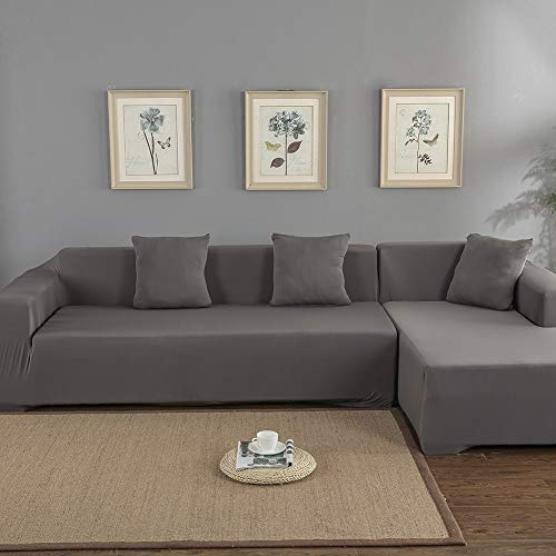 Elastischer Sofabezug für Ecksofas mit Halbinsel, 3-Sitzer 2-Sitzer, Sofabezug mit Halbinsel links/rechts,zusammensetzbarer Sofabezug aus Polyester in L-Form (Grau)