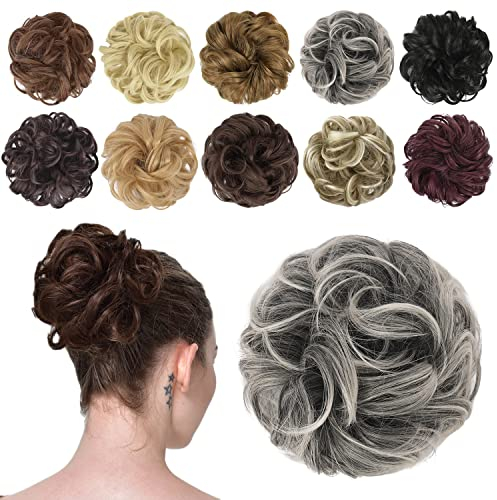 FESHFEN Chignon Finto per Capelli, Elastico Chignon Finti Sintetica Ondulato Capelli Naturale Riccio Coda di Cavallo Nero grigio e bianco Posticci per Capelli Spessi Updo per Donne, 42g