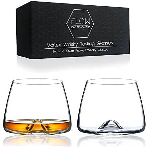FLOW Barware - Juego de 2 vasos de whisky de cristal para whisky, vasos únicos para whisky, whisky, regalo de whisky