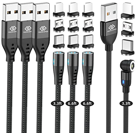 Trescopes Magnetic Charging Cable, (4 Pack - 2x1M, 2x2M), Magnetic Phone Charger Cable, Compatible for charging all Smartphones, Android, Micro USB and Type C Devices