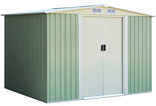 GYMAX Casetta da Giardino, 2 Porte Scorrevoli e 4 Sfoghi, Capanno in Lamiera di Acciaio e Lamiera Zincata, Ideale per Porta Attrezzi, Tosaerba, 257 x 205 x 180 cm