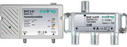 Axing BVS 2-01 Hausanschlussverstärker 25 dB für Kabelfernsehen digital (47-862 MHz) & BVE 3-01P 3-Fach Verteiler Kabelfernsehen CATV Multimedia DVB-T2 Klasse A+, 10dB, 5-1218 MHz Metall