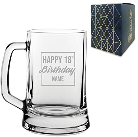 Personalised Engraved Tankard Beer Mug Stein Happy 18th Birthday Square Design Gift Boxed, 16.75oz/495ml Classic Beer Glass, Any Name, Engraved in The UK