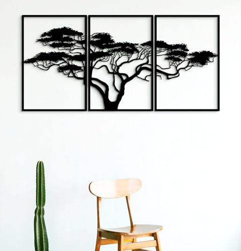Dekory Albero della Vita Baobab Africano in Metallo Nero – Quadro da parete trittico grande formato, arte da parete moderna albero africano per soggiorno, camera da letto o ingresso – 150 x 75 cm