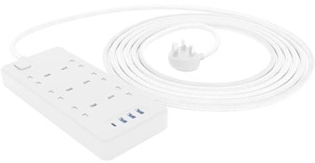 Amazon Basics Surge Protector, 1140 Joule, 6 Outlet, 3 USB A(12W), 1 USB C(20W), 1.5 m Braided Cord, White