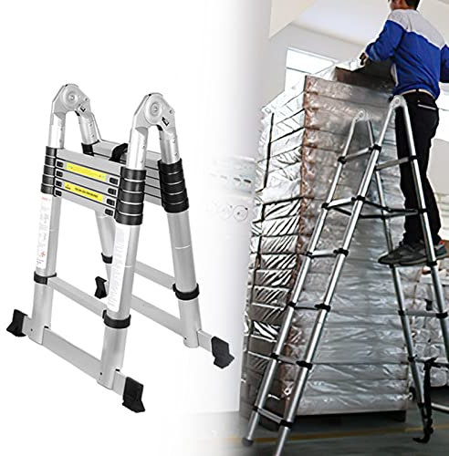 Ansobea Scala telescopica allungabile in alluminio, 5 m (2,5 + 2,5), scala pieghevole antiscivolo, scala multiuso, 150 kg, portata 330 kg, scala in alluminio 8 + 8 pioli