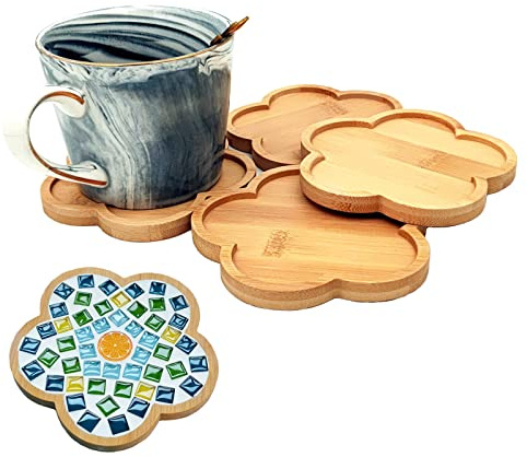 4PCS Mosaic Bamboo Coasters for Crafts, Blank Base Trays, Drinking Cup Coaster, Plant Coaster, Art Plate,DIY Mosaic Supplies (Flower)