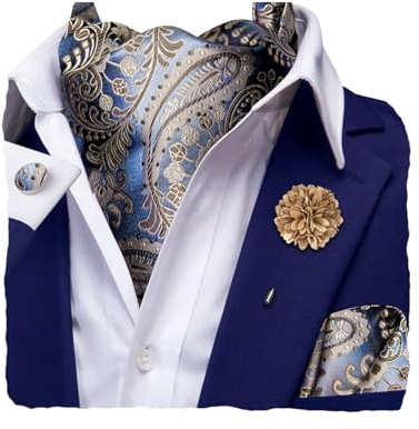 Hi-Tie Men's Cravat And Flower Lapel Pin Set Jacquard Silk Ascot Handkerchief Cufflinks For Wedding Party Daily Dress