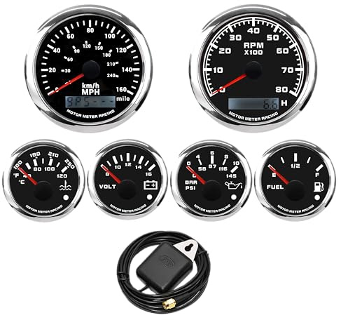MOTOR METER RACING W PRO 6 Gauge Set Dual Scale GPS Speedometer - Black | 85mm, 3-3/8, 160MPH, 240KMH, Rev Counter, Odometer, 52mm, 2-1/16, Water Temp, Volt, Oil Pressure, Fuel Level