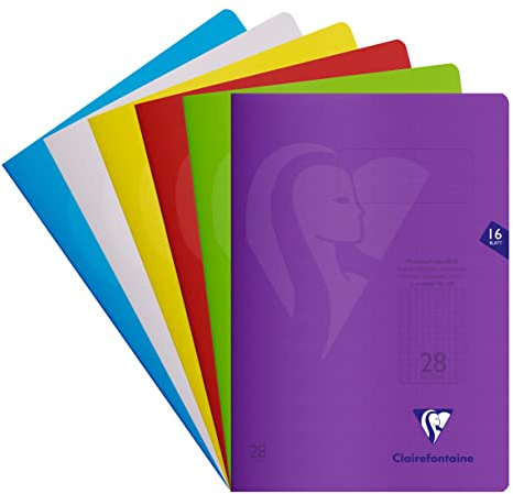 Clairefontaine 303228C - Packung mit 25 Heften S´coolbook, ideal für die Schule, DIN A4, 16 Blatt, 90g, Lineatur 28 durchgehend kariert mit Rand, Umschlag aus PP, farbig sortiert, 1 Pack