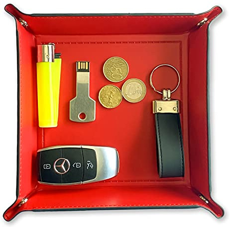 Vassoio porta oggetti svuota tasche bicolore con chiusura a bottoni in poliuretano. Utile porta oggetti da scrivania (Blu/Rosso Veneziano)