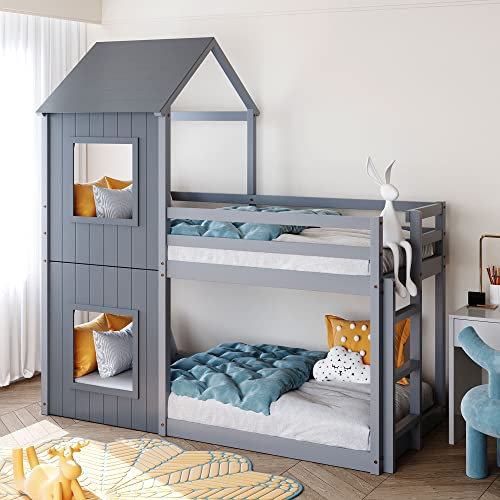 kubeier Kinderbett, Hochbett 90x200 mit Leiter, Bettleiter Kletterbett Doppelbett Geschwisterbett Hausbett, Stockbett, Holzbett, Bettgestell, Jugendbett mit Lattenrost & Baldachin, Kiefer,Grey
