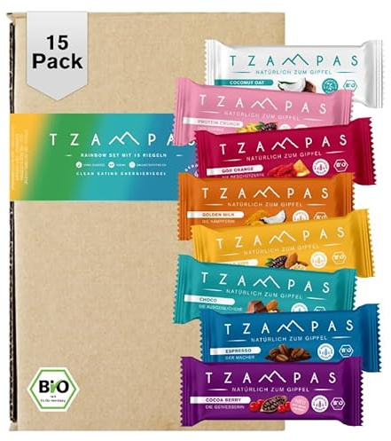 TZAMPAS® BIO Energieriegel · 15x40g Riegel in Rainbow Box · 8 Sorten Powerriegel im Probierset · Nachhaltige Sportriegel mit Superfoods für langfristige Energie · Vegan, Ohne Zucker (raffiniert)