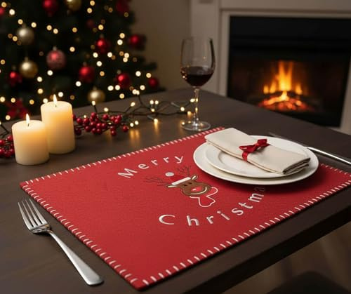 KAMACA 4er Set Tischsets Filz Rentier Platzsets Platzmatten Weihnachtsdeko Weihnachten Winter Advent Tischdekoration Filzoptik abwaschbar rutschfest hochwertig 30x40 cm (4er Set Filz Rentier ROT)