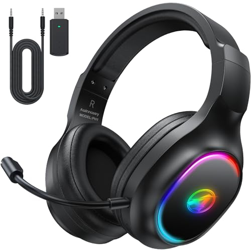 Awinnasey Casque Gaming sans Fil avec Micro pour PS4, PS5, PC, Mac, Switch, Casque de Jeu à réduction de Bruit avec lumière RVB, 2,4 GHz, Son stéréo 7.1, Casque Bluetooth Noir