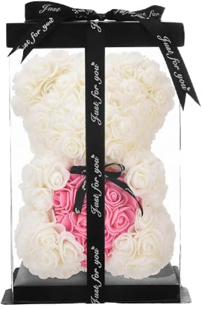 ZENZERO® - ORSO ROSA - ORSETTO ricoperto di ROSE in PE - Orsacchiotto in Confezione Regalo - Dimensioni 10 (26x17cm) - Pezzi: 1 - disponibili vari COLORI - Colore: (BIANCO CUORE ROSA)