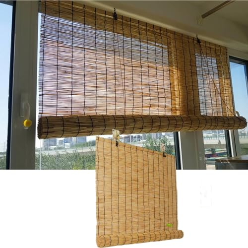 Bambus-Rollos für Fenster, schimmelresistente Schilfrollos, Naturmaterial, 60% UV-Schutz, Vintage Schilf Vorhang,Natural-Blackline