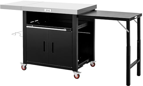 Grill Table,Outdoor Kitchen with Cabinet Outdoor Grill Table with 2 Foldable Side Tables Stainless Steel Top for Outdoor Kitchen Cabinets, Bar Cart, Movable Grill Cart with Pull-Out Plate, L74”x W24” | Grill Table with Stainless Steel Top for Pizza Oven& Griddles, Movable Bar Cart with Pull-Out Plate for Parties & Gathering