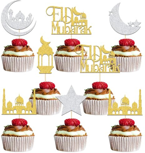 24 Stück Eid Mubarak Cupcake-Topper, Umrah Mubarak Cupcake-Topper, Eid Geburtstagsparty-Dekoration, muslimische islamische Party-Dekoration, Mond und Stern, Ramadan-Dekor für Heimbedarf, Gold, Silber,